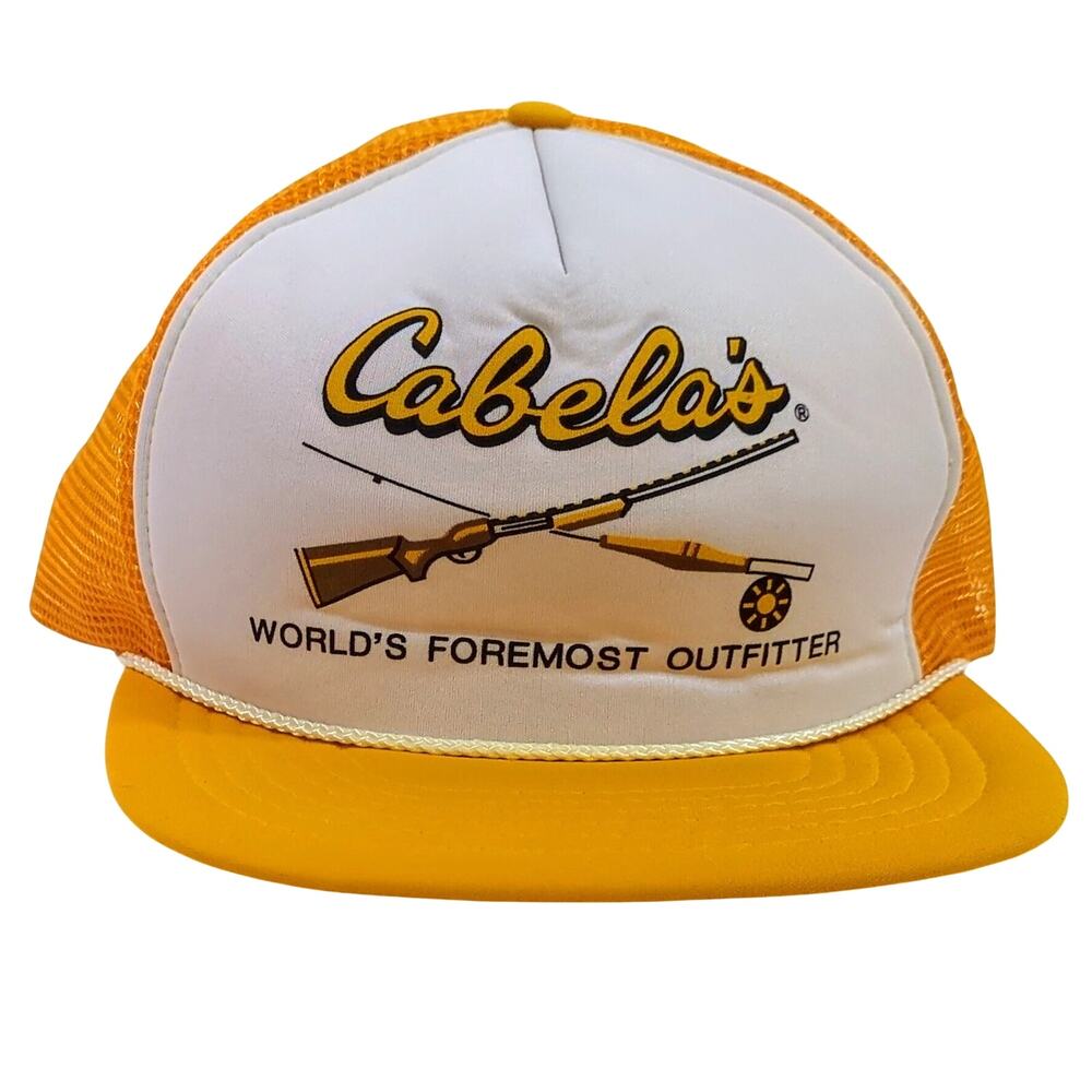 Vintage Cabela's Yellow Foam Trucker Hat Cord World's Foremost Outfitter Good